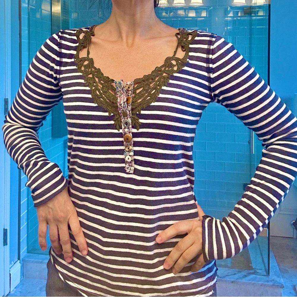 Free People Boho Striped Top with Crochet V-Neck Eclectic Buttons